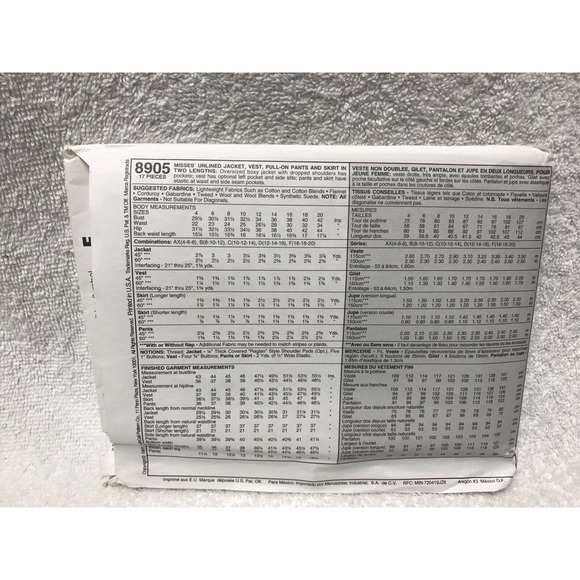 McCall's 8905 Misses' Unlined Jacket, Vest Pants Skirt Sewing Pattern Size 12-16 - Picture 2 of 7